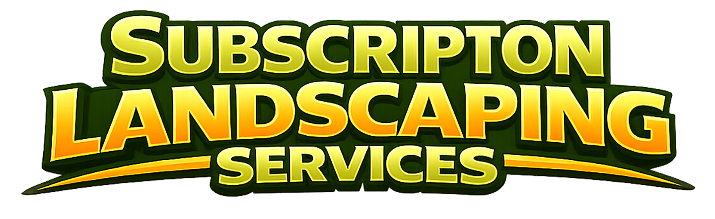 Green and yellow logo for subscription landscaping services with bold text.