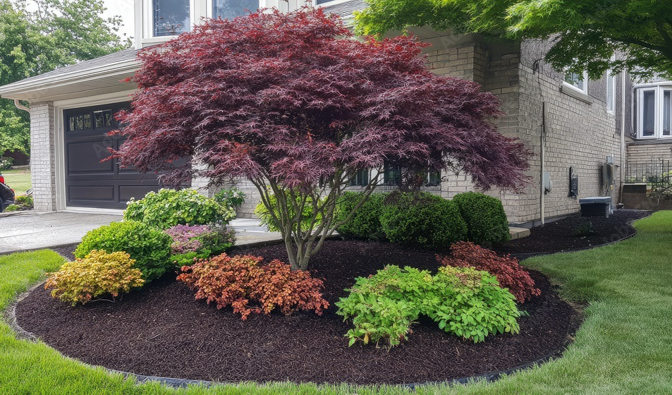 A landscaped front yard with a Japanese maple tree surrounded by various colorful shrubs and bushes, in front of a house with a dark garage door.