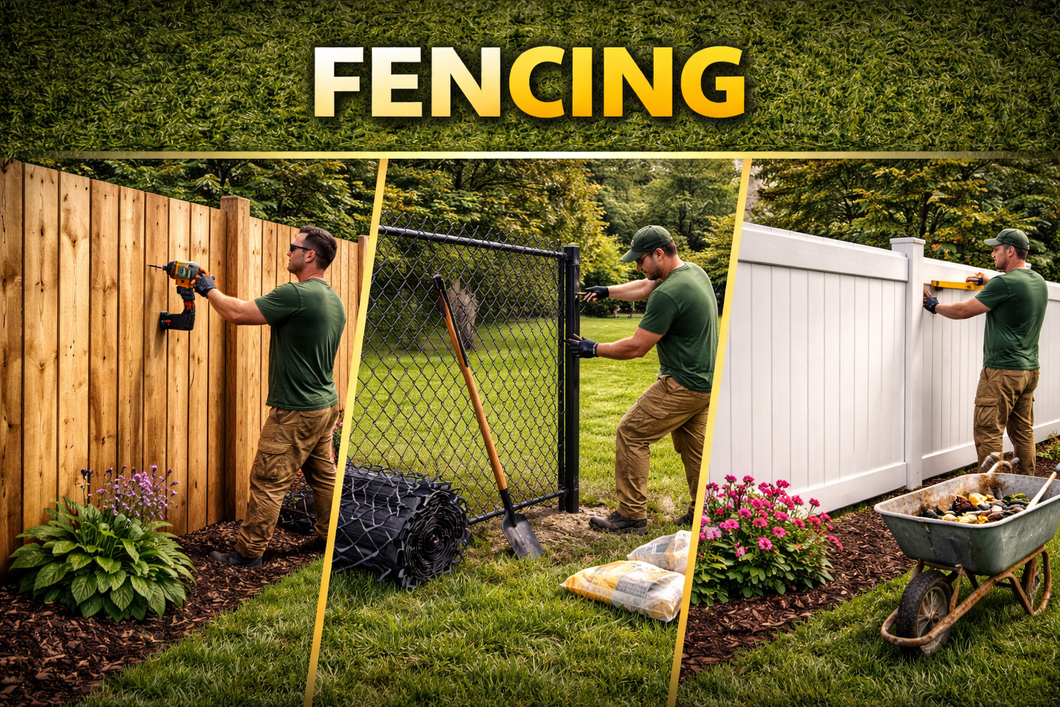 Sequence of three images showing a man installing a fence. In the first image, he is attaching a wooden fence panel with a power drill. In the second, he is securing a metal gate using a level. In the third, he is attaching a white vinyl fence panel using a power drill, with a wheelbarrow filled with gardening tools and flowers nearby.