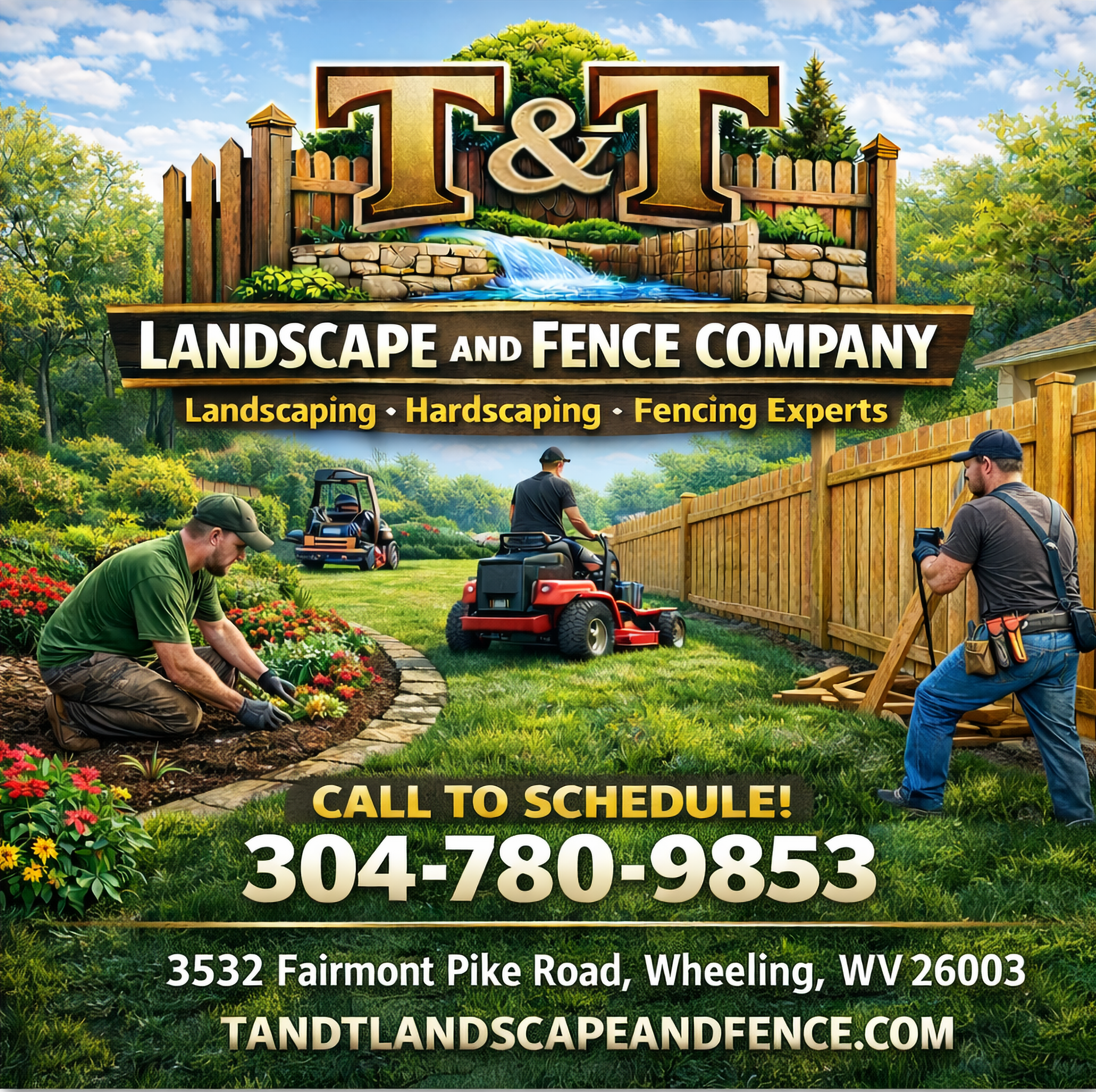 Advertisement for T&T Landscape and Fence Company featuring a scenic backyard with landscaping and fencing work, a team of workers installing a fence, and contact information including a phone number, address, and website.