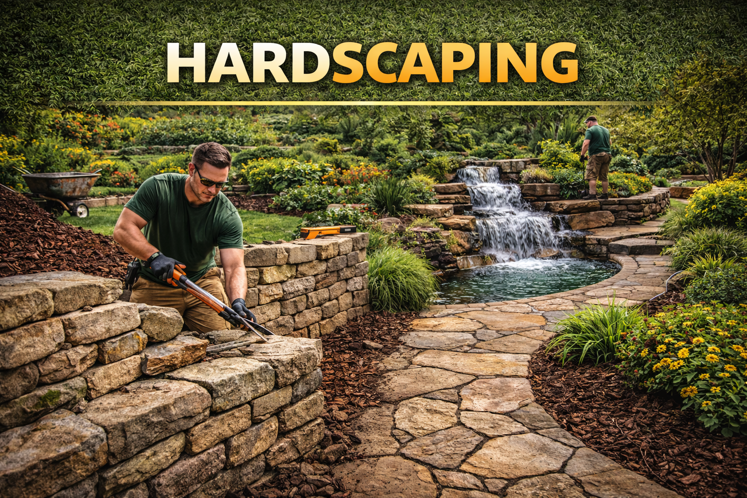 Two men working on landscaping and hardscaping in a lush garden with a water feature, stone path, and landscaped flower beds.