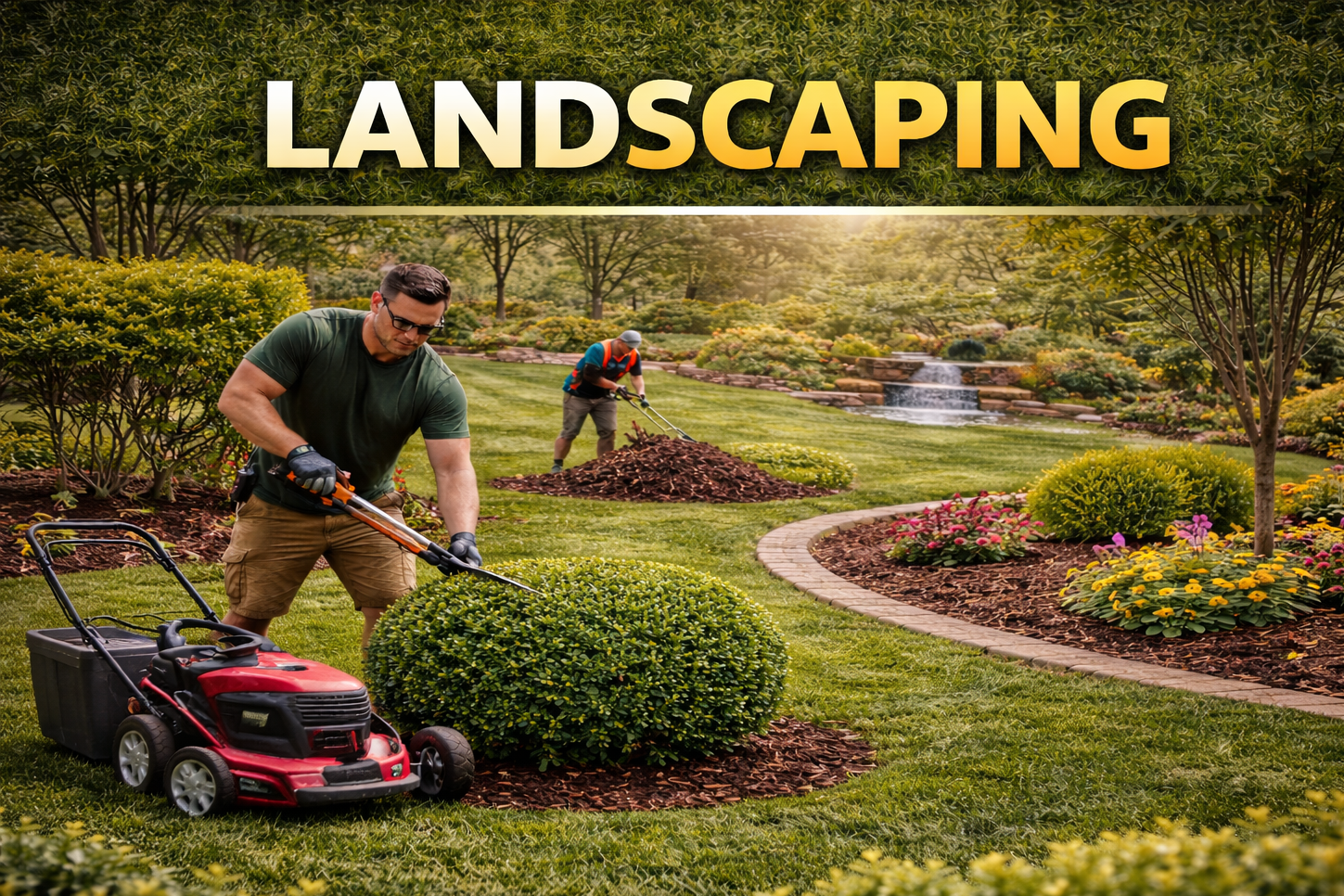 Two men gardening in a landscaped yard with green trees, shrubs, and flowering plants, using lawn equipment, with the word 'LANDSCAPING' at the top.