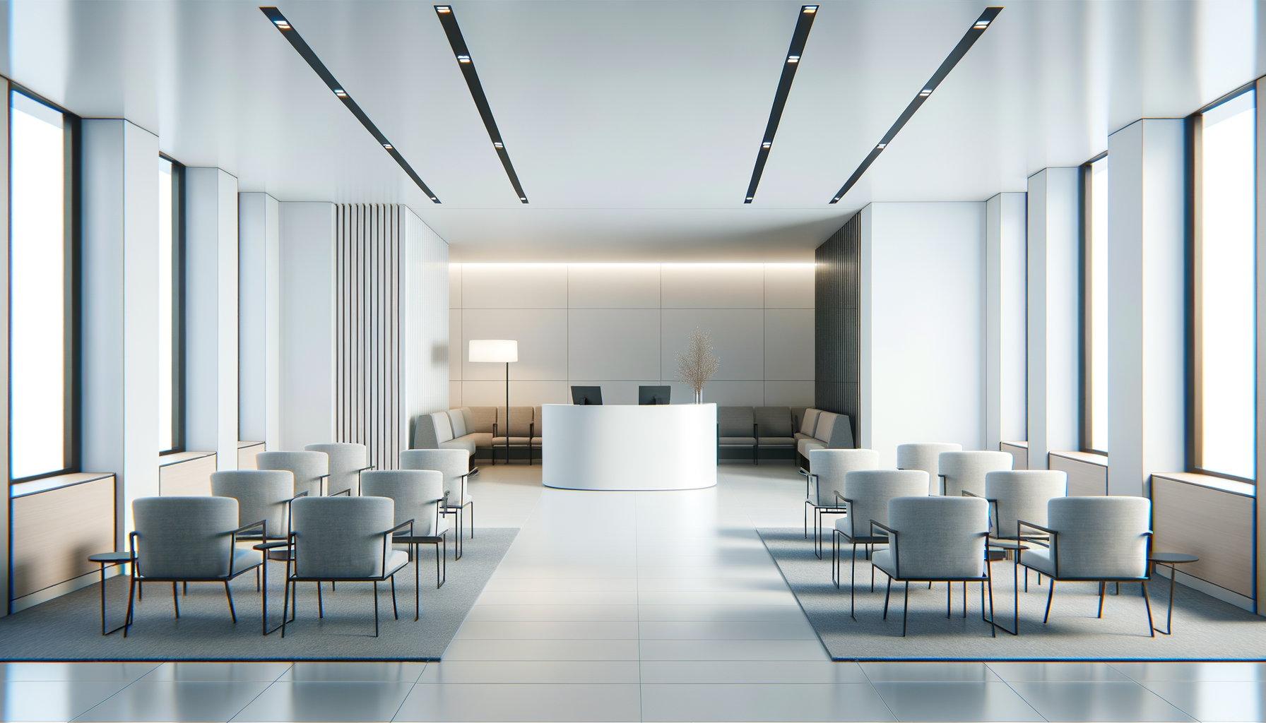 Modern, minimalist lobby with seating area, a reception desk, white walls, large windows, and ambient lighting.