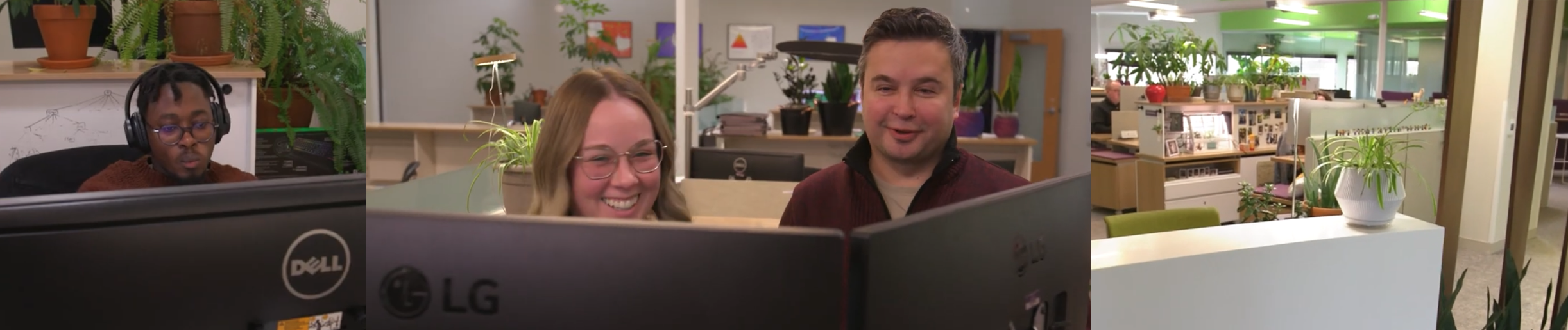 Images of WiscNet workers looking at monitors and office interior shots