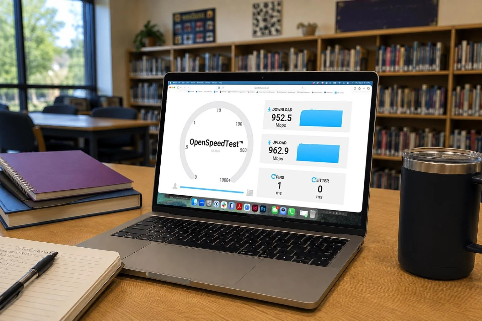 A laptop sitting on a table in a library showing an open speed test screen