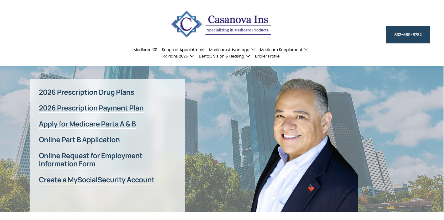 Screenshot of Casanova Ins website homepage featuring a smiling man in a suit with a cityscape background. The website offers insurance plans and services, with navigation options for Medicare, Rx Plans, Dental, Vision, Hearing, and employment forms.