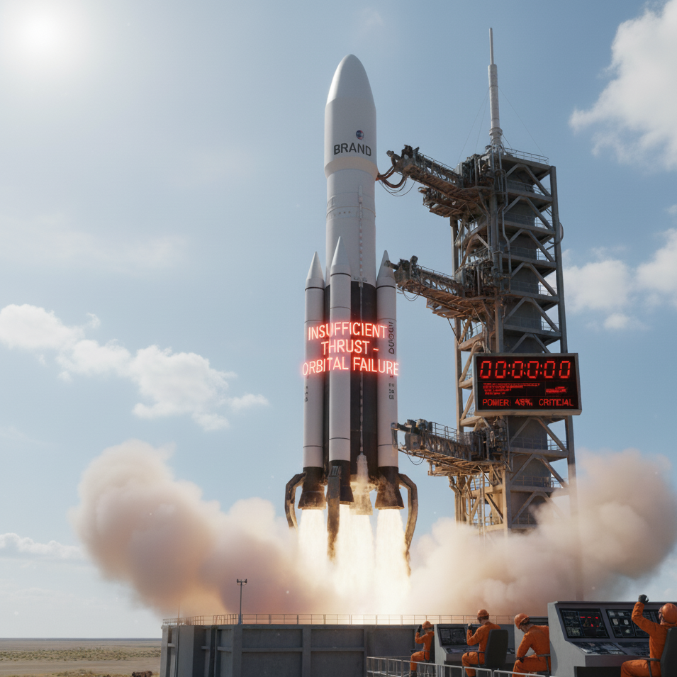 Rocket launching on a space pad with a digital sign showing critical failure and engineers monitoring.