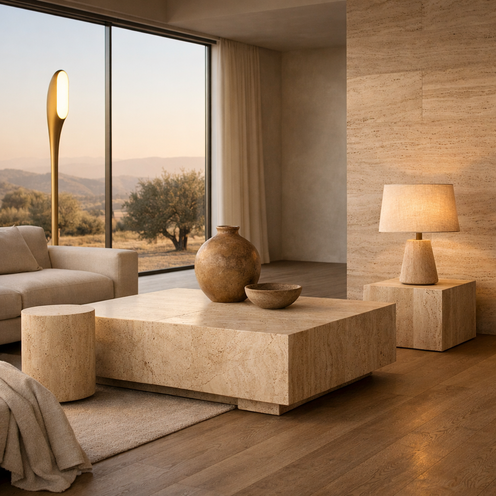 Luxury living room with marble coffee table and sculptural lighting by BORGHESE