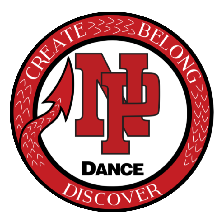 Logo with large red intertwined letters 'JH' in the center, surrounded by a red circle with white text reading 'CREATE BELONG DISCOVER' and a stylized red devil tail wrapping around the circle, with the word 'DANCE' at the bottom.