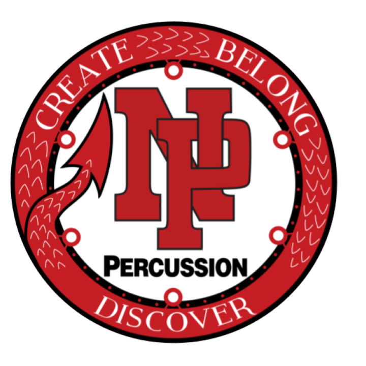 A circular logo with a red and white drumstick design. Inside, it features a large red 'IU' with black outline, the word 'Percussion' below in black, and the words 'Create', 'Beyond', 'Discover' in a red border around the circle.
