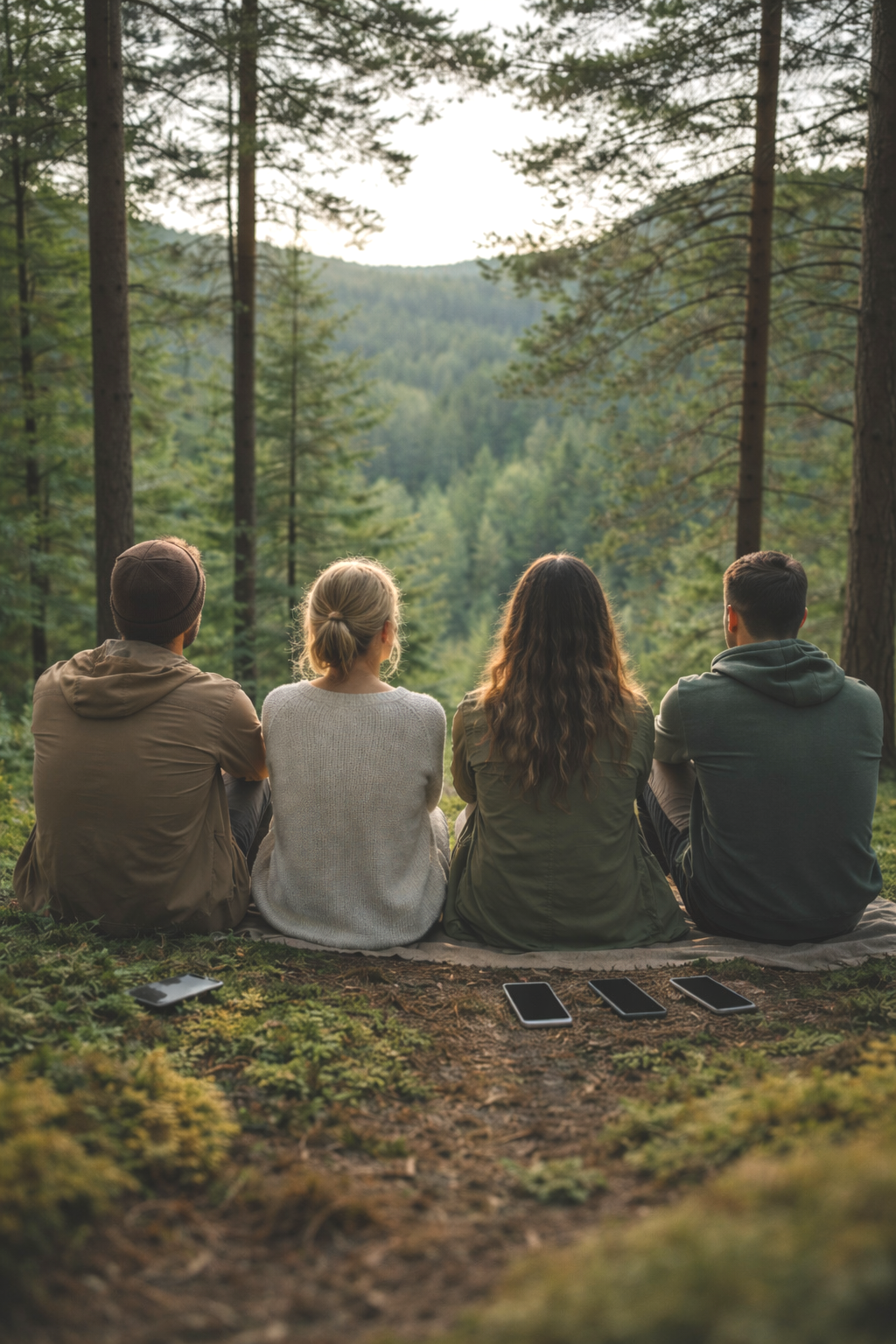 Gruppe von Menschen sitzt in der Natur und reflektiert gemeinsam ihren Umgang mit digitalen Medien während eines Achtsamkeits-Workshop