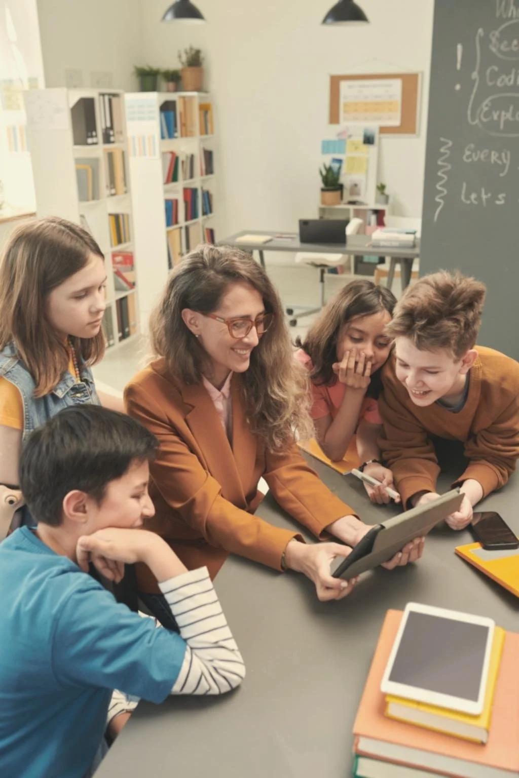 Lehrerin zeigt Kindern achtsamen und bewussten Umganf mit digitalen Medien