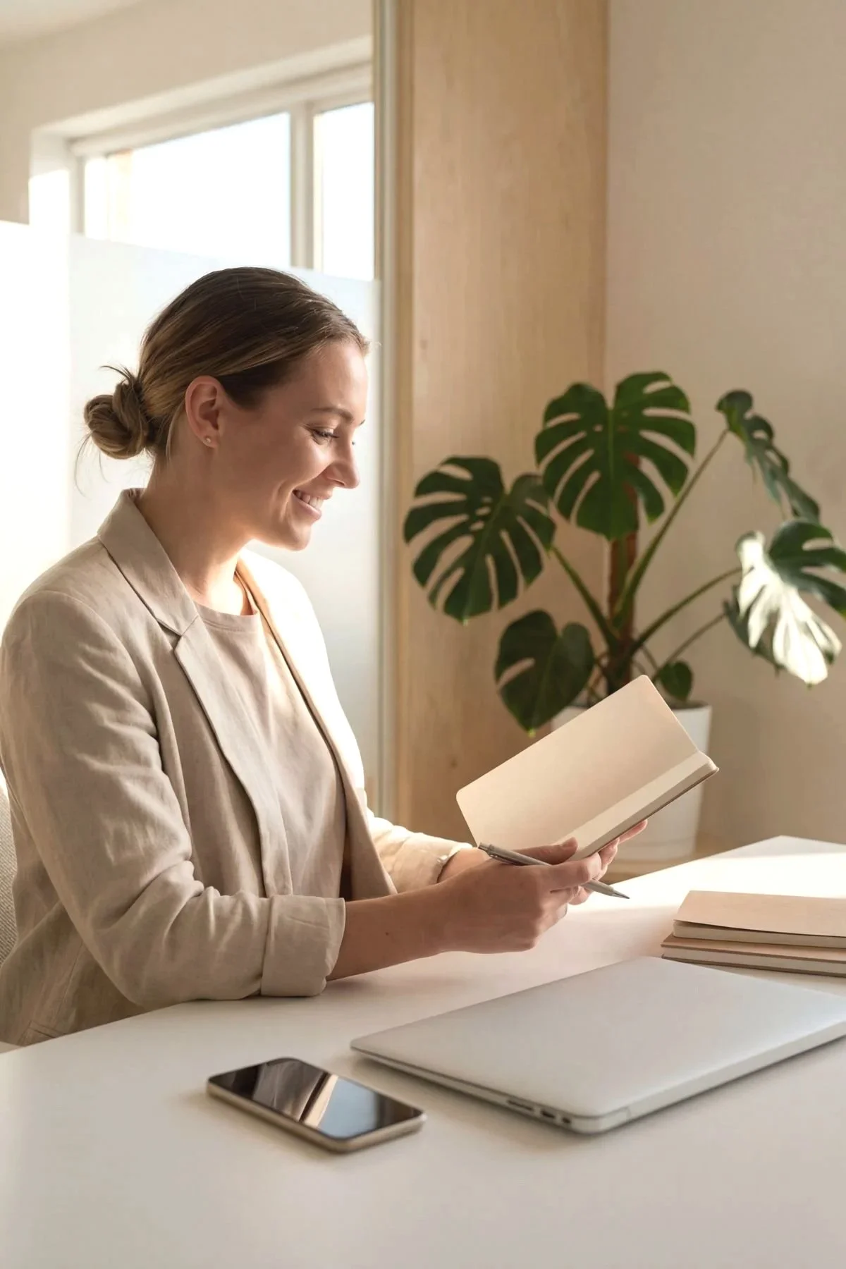 Frau bei achtsamem Arbeiten am Schreibtisch mit Notizbuch. Symbol für Selbstreflexion und digitale Balance.