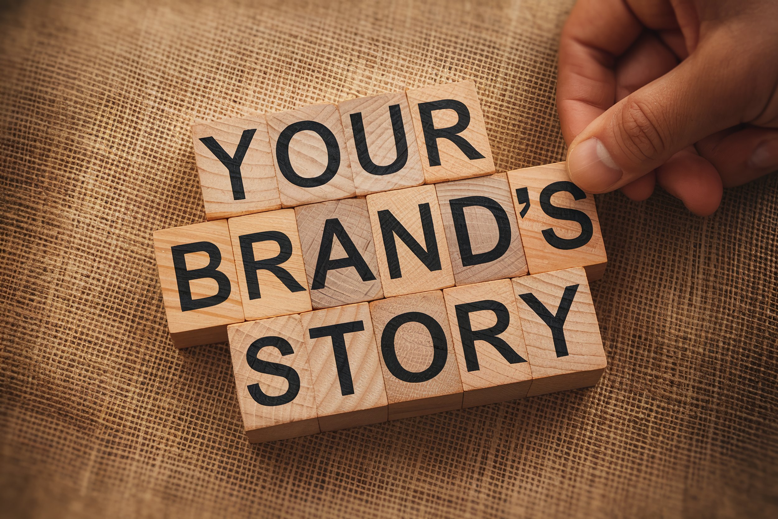 Your Brand's Story text on burlap representing business storytelling and positioning strategy