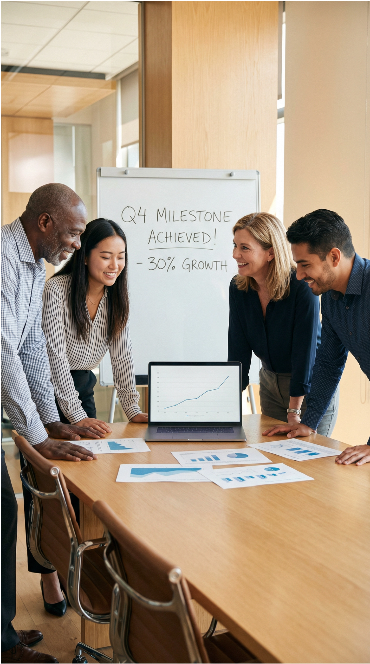 A diverse team of four professionals celebrating a Q4 milestone with 30% growth, gathered around a conference table reviewing printed performance metrics and a laptop showing growth charts