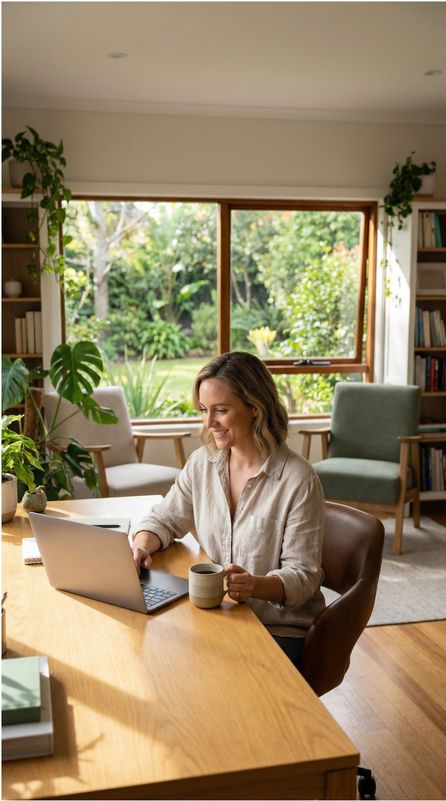 A founder working independently from a beautiful home office with natural light, enjoying freedom, autonomy, and work-life balance while running their business