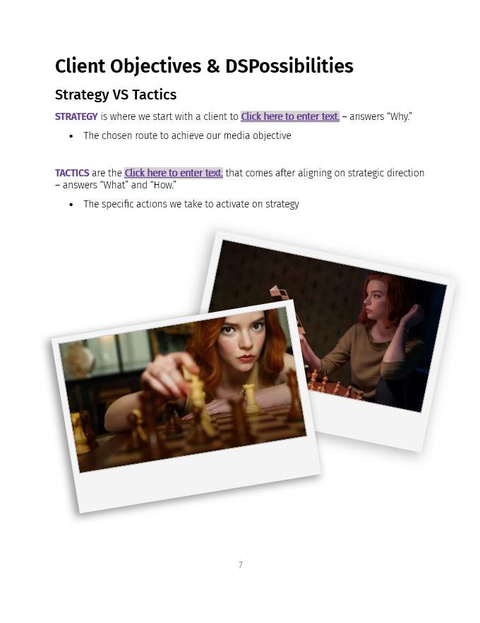 A presentation slide titled 'Client Objectives & DS Possibilities' with sections on 'Strategy' and 'Tactics' and two overlapping Polaroid-style photos of women playing chess, one with red hair and focused, the other with red hair and relaxing.