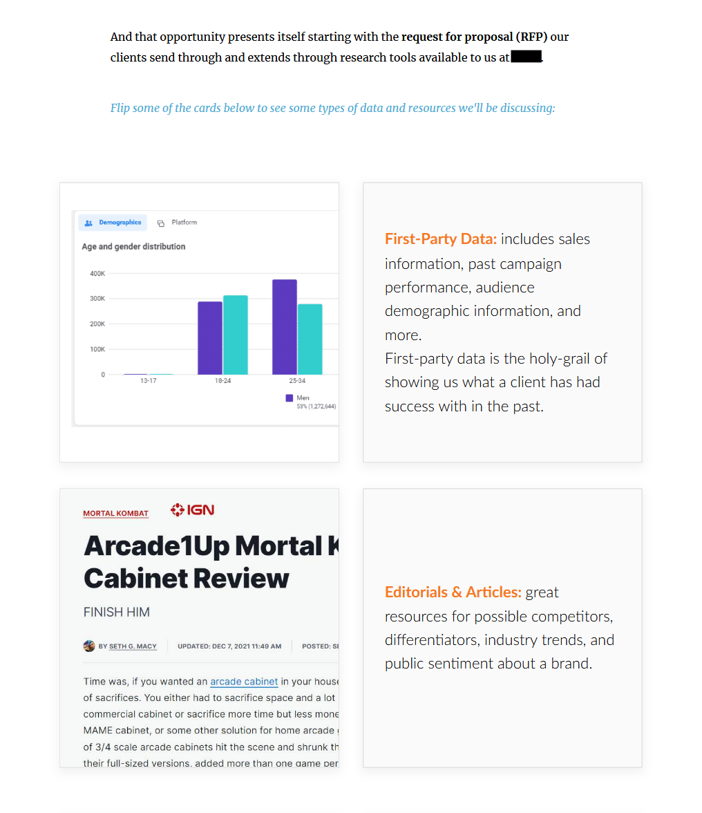 Screenshot of a research platform containing cards with data and articles about demographics, first-party data, arcade cabinet reviews, and industry analysis.