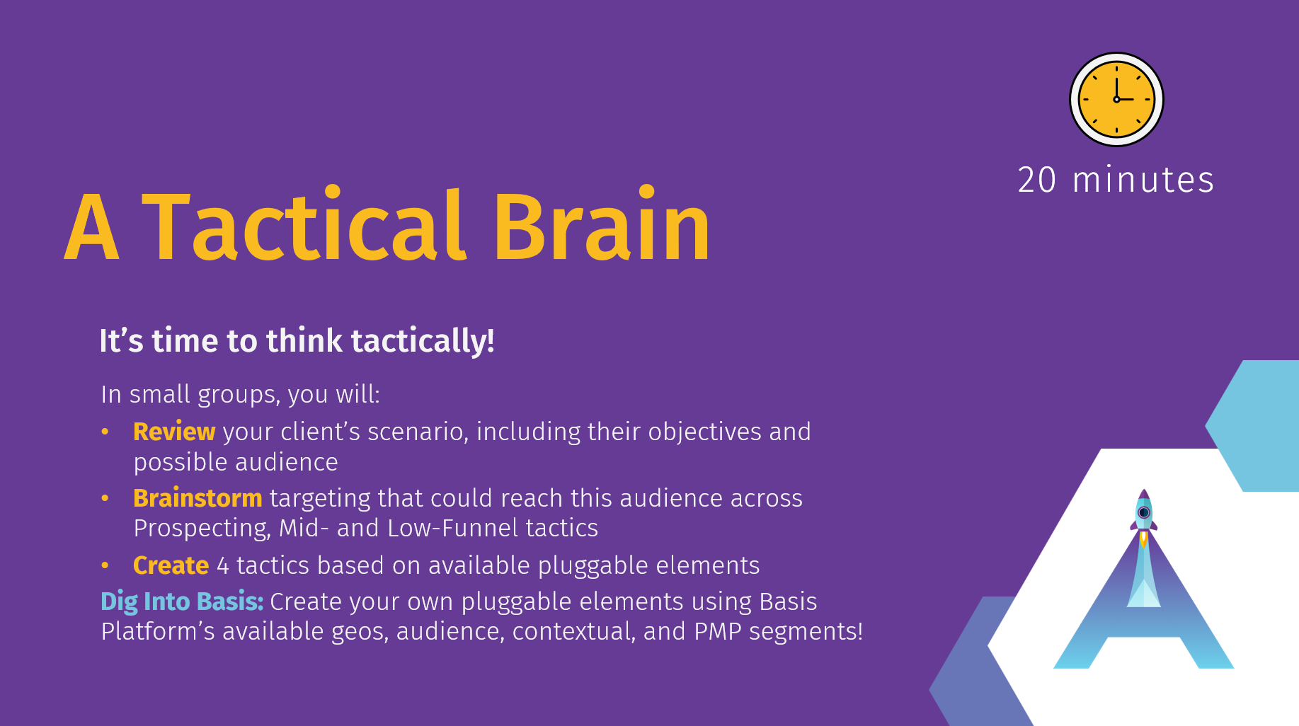 Purple slide titled "A Tactical Brain" with a yellow clock icon indicating 20 minutes. The slide has instructions for small group activities: review a client's scenario, brainstorm targeting strategies, create four tactics, and dig into basics. There is a stylized letter 'A' with a rocket on it in the bottom right corner.