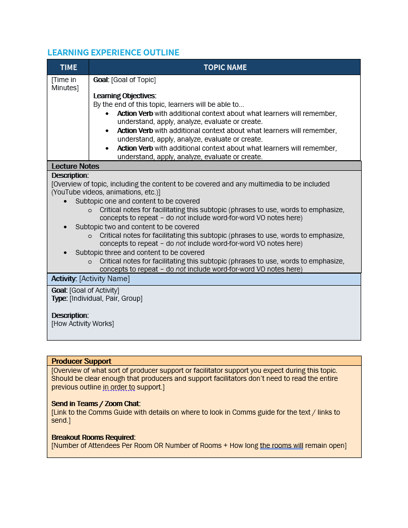 Blank learning experience outline template with sections for time, topic name, goal, learning objectives, lecture notes, activity, producer support, and breakout rooms details.