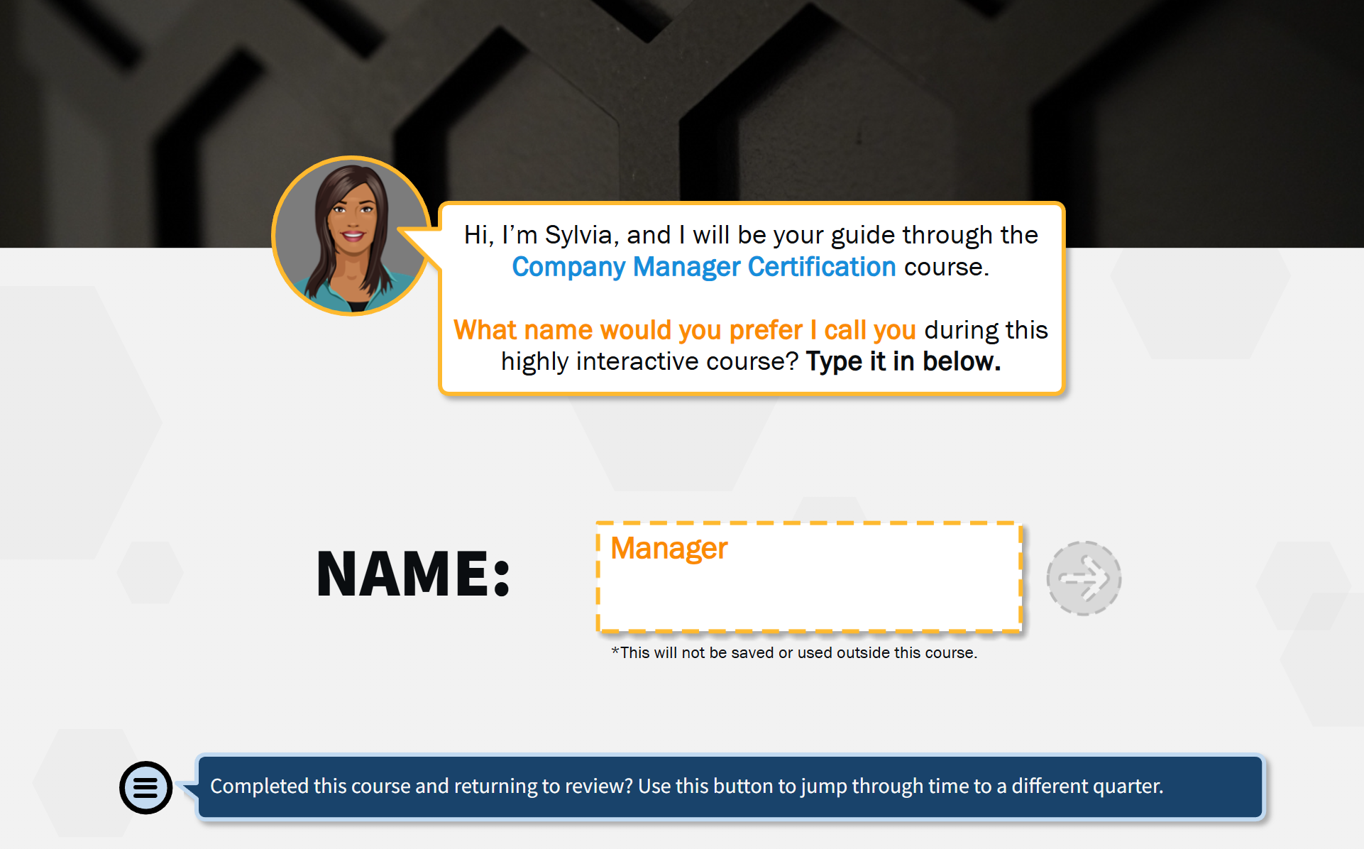 On a digital course interface, a pop-up introduces Sylvia, a guide for the Course on Company Manager Certification, asking the user to enter their preferred name during the highly interactive course, with a text box set for entering a name, and a blue button below for jumping through time to a different section.