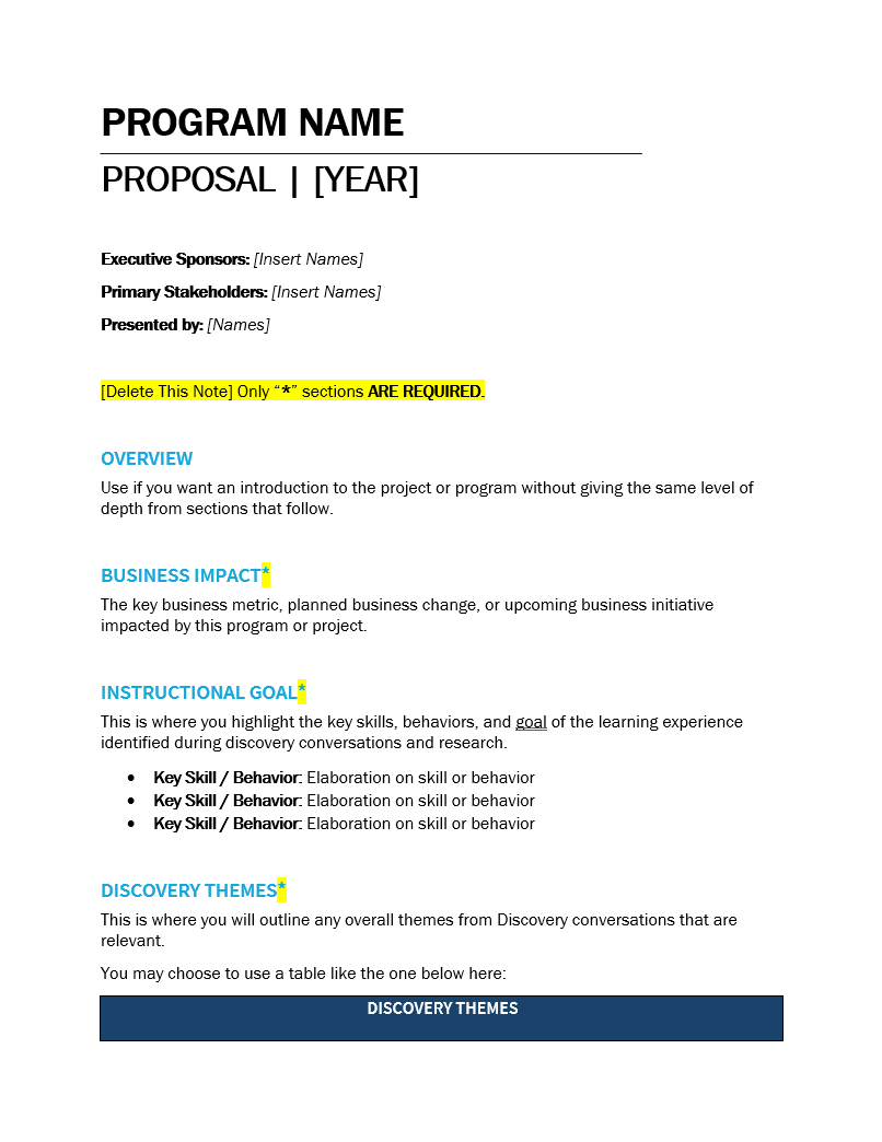 Template for a program proposal document with sections labeled Overview, Business Impact, Instructional Goal, Discovery Themes, and notes with placeholder text and highlighted instructions.