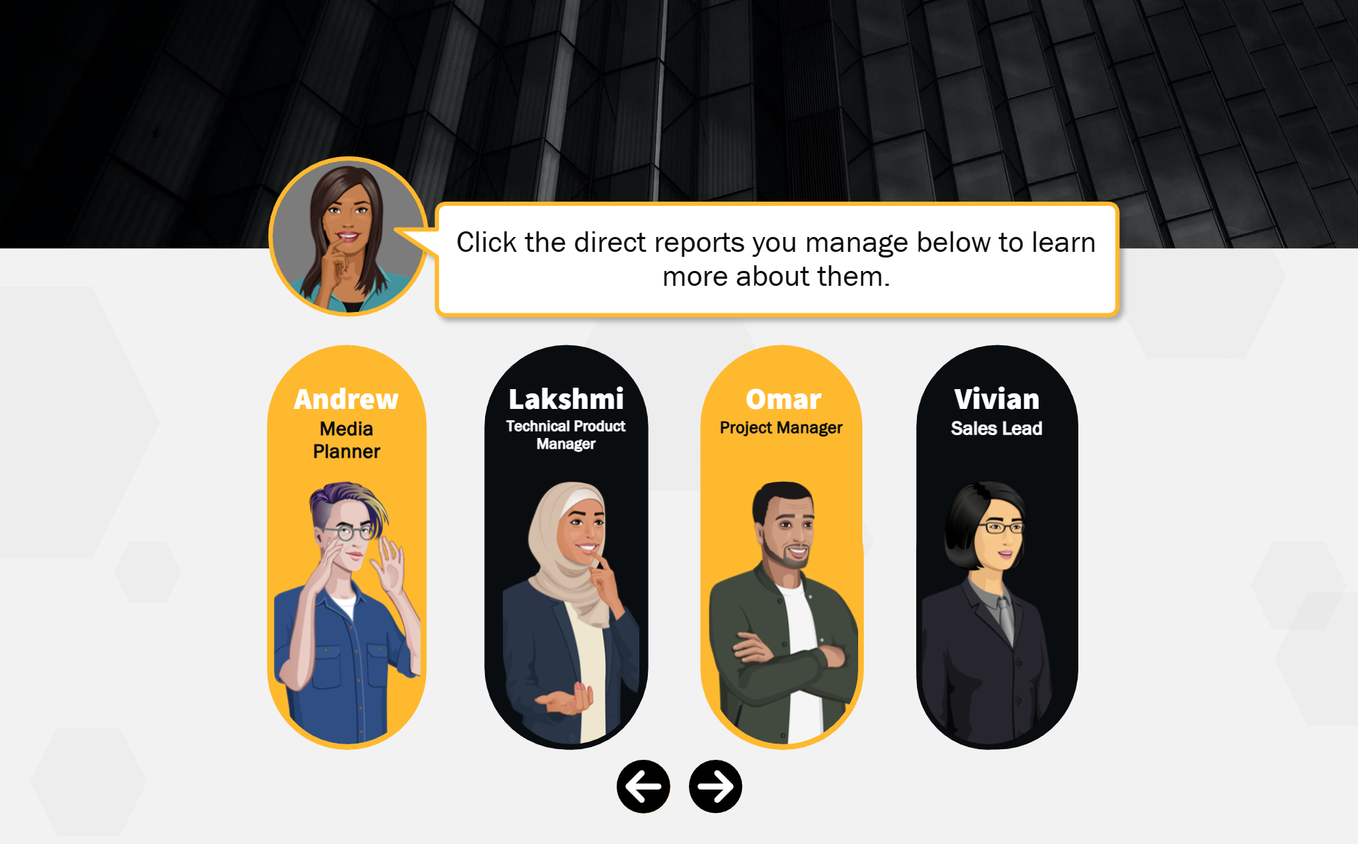 Digital illustration of a user interface with a cartoon avatar of a woman speaking. Five illustrated profiles of employees are displayed below, each with a name, job title, and distinct appearance. The avatars are labeled Andrew, Lakshmi, Omar, and Vivian, with a navigation arrow at the bottom, and a speech bubble from the woman that says, 'Click the direct reports you manage below to learn more about them.'