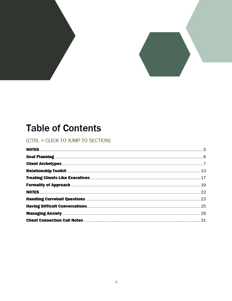 Table of contents from a professional document, listing sections such as notes, goal planning, client archetypes, relationship toolkit, and handling difficult conversations, with page numbers.