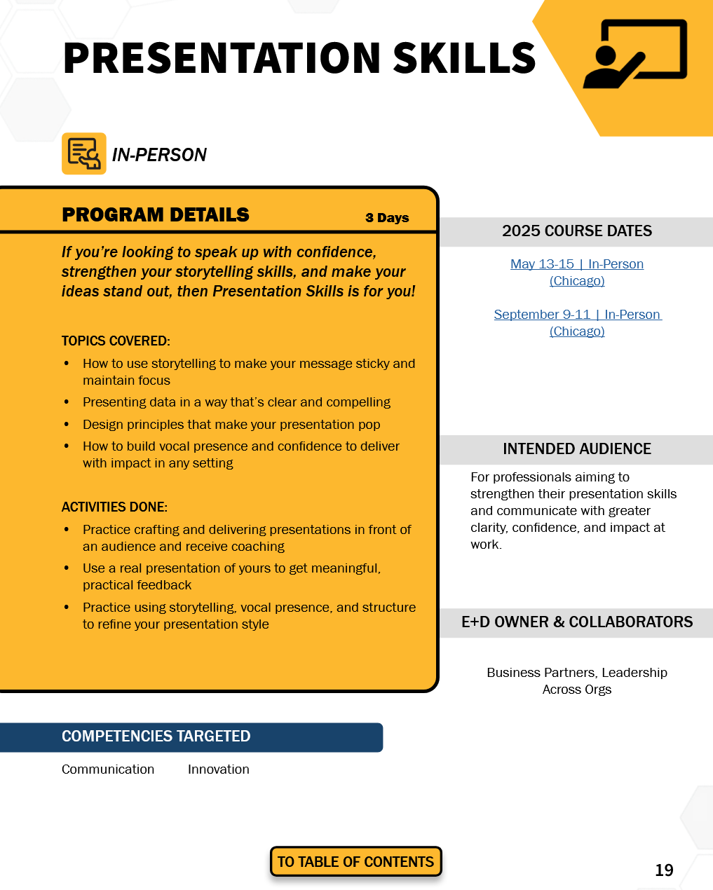 Flyer advertising an in-person presentation skills training program with details about program focus, activities, course dates, and target audience.