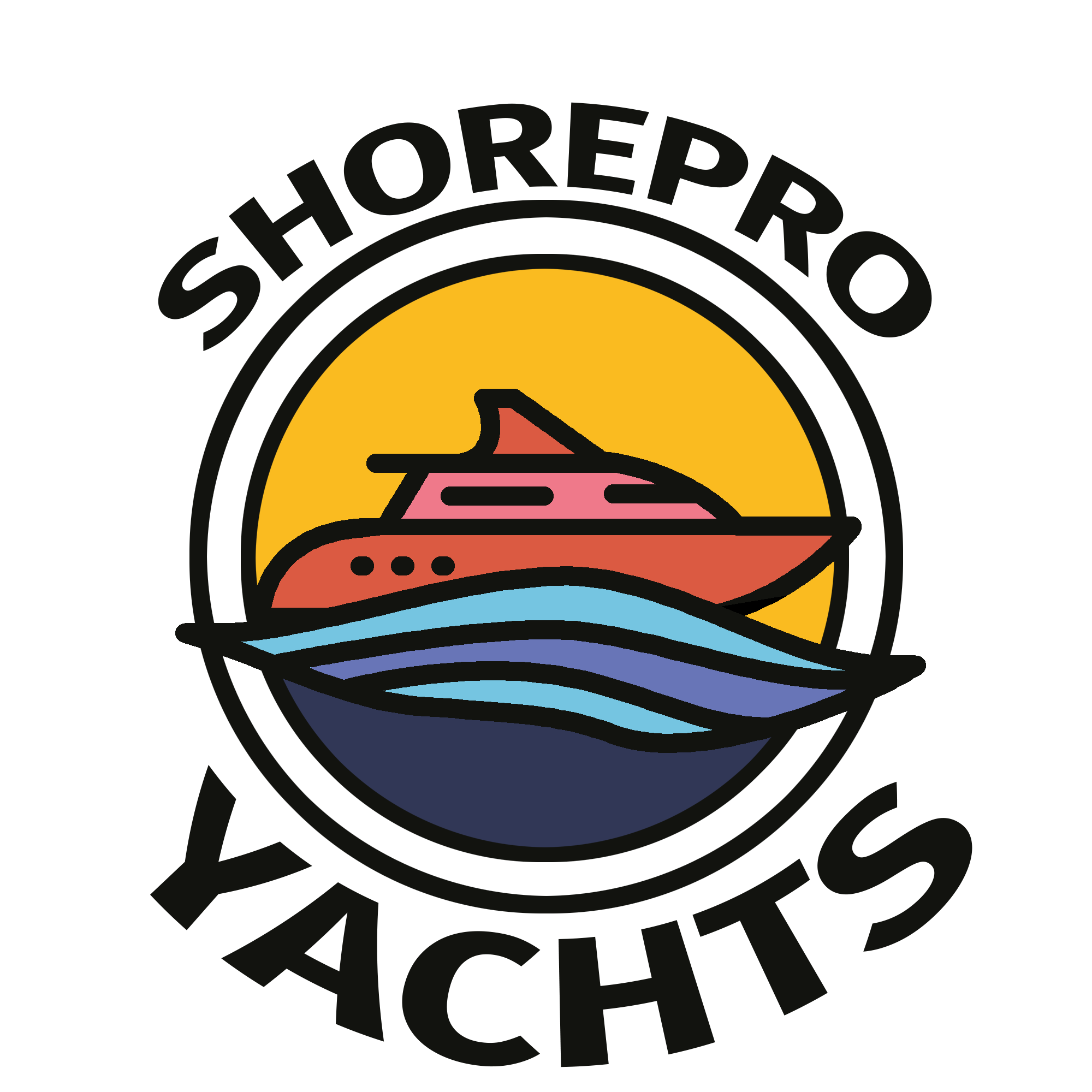 Logo with a boat on the water under a yellow sun, with the text 'SHOREPRO' above and 'YACHTS' below.