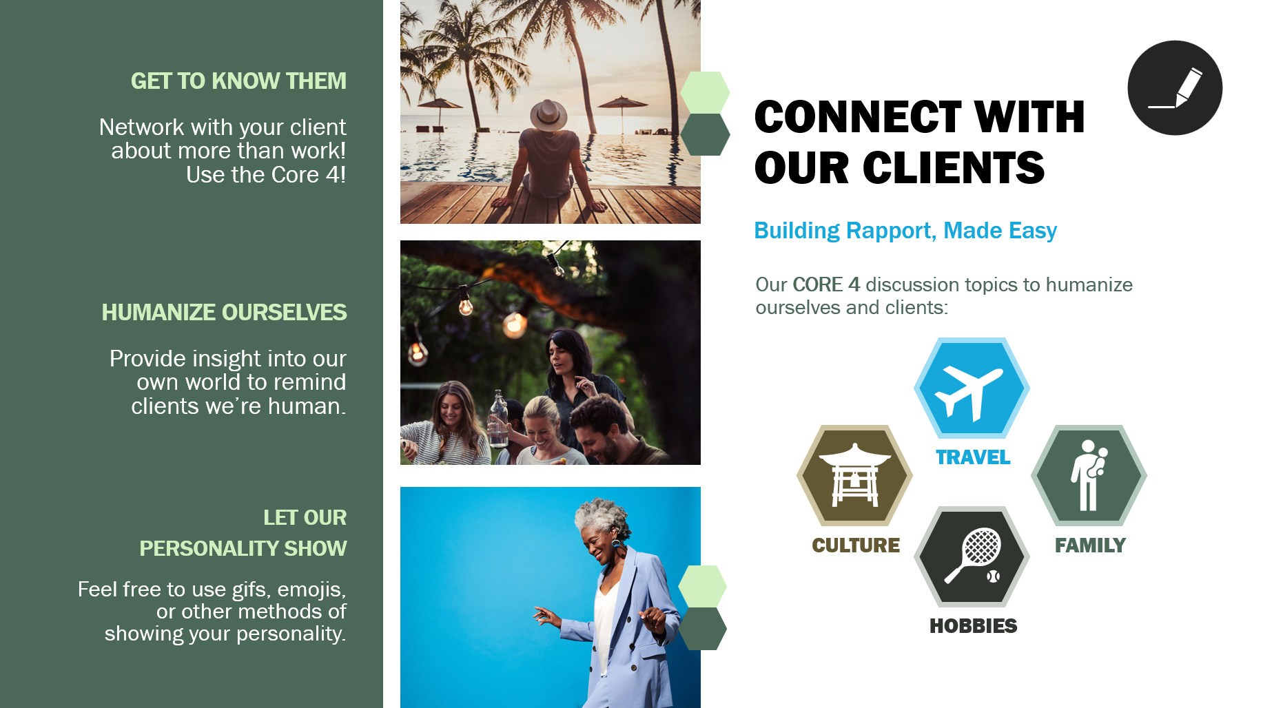 A promotional infographic titled "Connect with Our Clients" featuring three images of people enjoying leisure activities: a woman sitting on a dock looking at a sunset with palm trees, a group of friends at an outdoor gathering with string lights, and a woman dancing with a bright blue background. The infographic emphasizes humanizing clients, building rapport, and highlights core discussion topics like travel, culture, hobbies, and family.