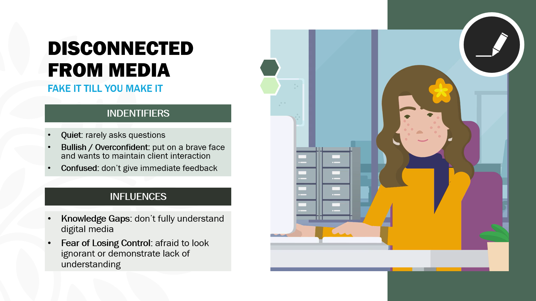 A woman sitting at her desk in an office, with a computer monitor in front of her and a potted plant on her right. She has long brown hair with a yellow flower clip, and she is wearing a yellow jacket over a dark shirt. Behind her are filing cabinets and a window with city buildings outside.