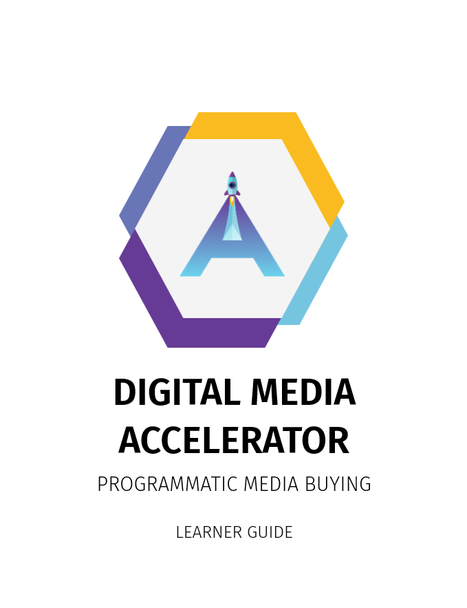 Cover page for a learner guide titled 'Digital Media Accelerator' with a hexagon logo featuring a rocket launching upward.