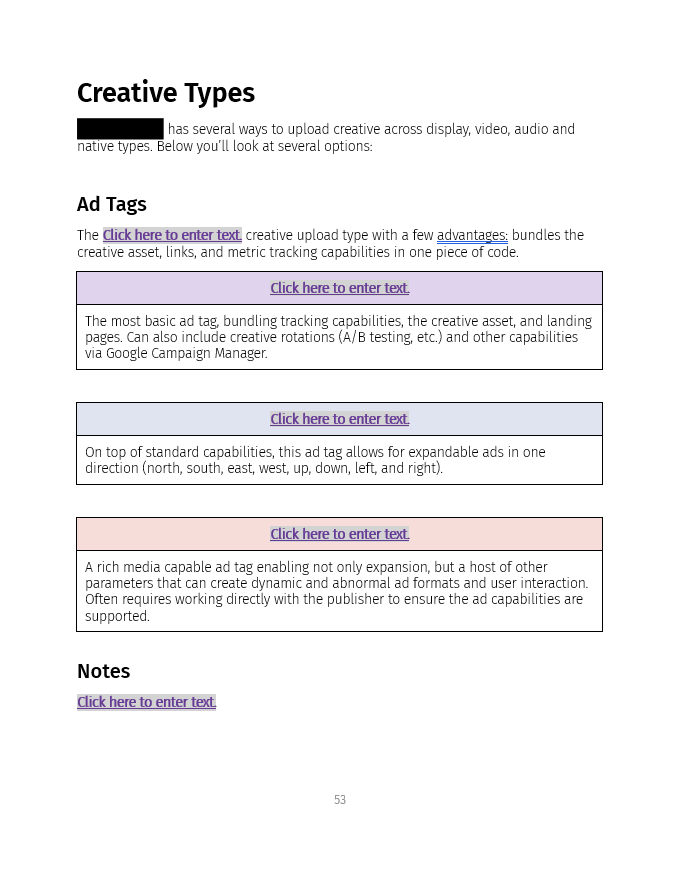 Screenshot of a document page titled 'Creative Types' and 'Ad Tags' with placeholder links labeled 'Click here to enter text' in various colored boxes and a 'Notes' section at the bottom.