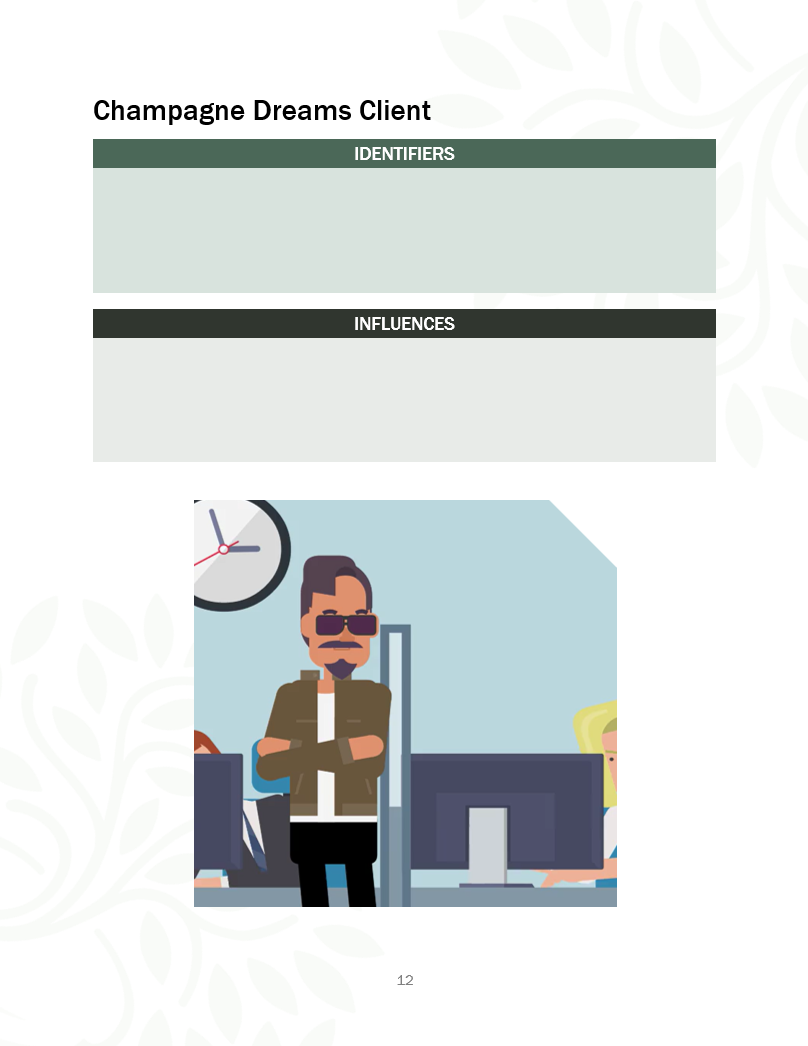 Illustration of a man with sunglasses, arms crossed, standing in an office with a clock in the background and other people working at computers.