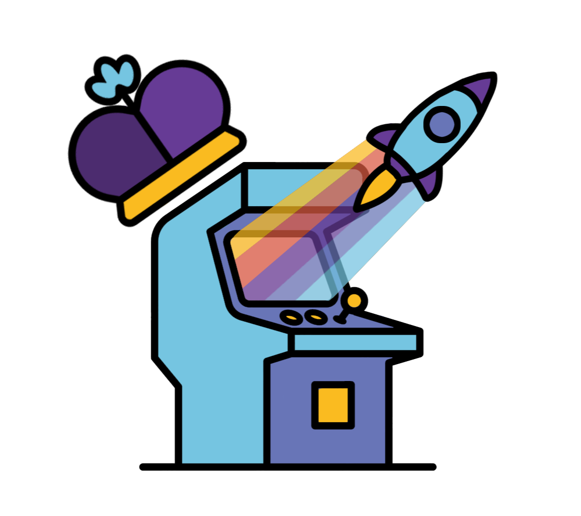 Cartoon of a blue microscope with a rainbow-colored flag and a purple and yellow magician's hat on top, with a small blue butterfly nearby.
