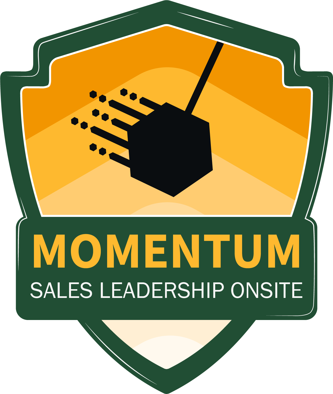 A shield-shaped logo with a stylized wrecking ball image in black and orange, with the words 'Momentum Sales Leadership Onsite' written below in yellow and white text.