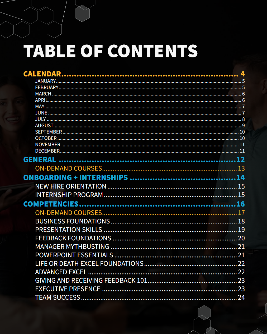 Table of contents page with sections on calendar, general, onboarding and internships, and competencies, listing months and various courses on a dark background.
