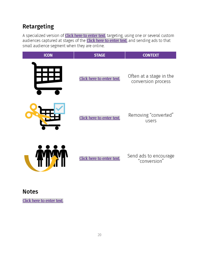 Slide titled 'Retargeting' with three icons: a shopping cart, a shopping cart with a check mark, and three people with an arrow circling around them. The slide discusses retargeting in online advertising.