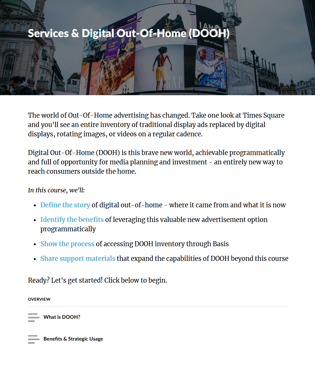 Digital advertisement display at Times Square promoting Services & Digital Out-Of-Home (DOOH) advertising, with a building and cloudy sky in the background.