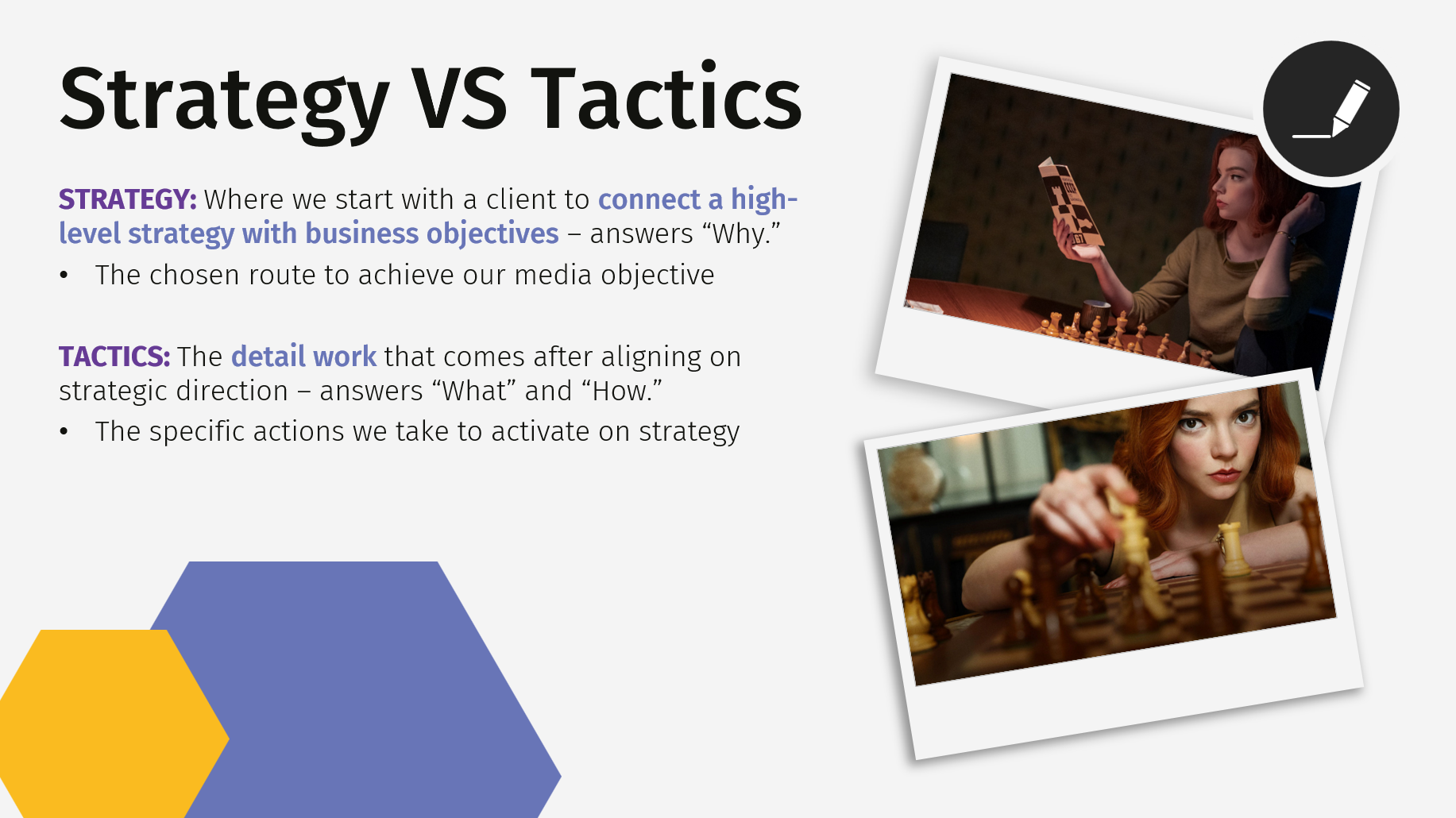 Presentation slide titled "Strategy VS Tactics" with text explaining the difference between strategy and tactics, and two Polaroid-style photos of women playing chess, one with a woman holding a smartphone and the other making a move on a chessboard.