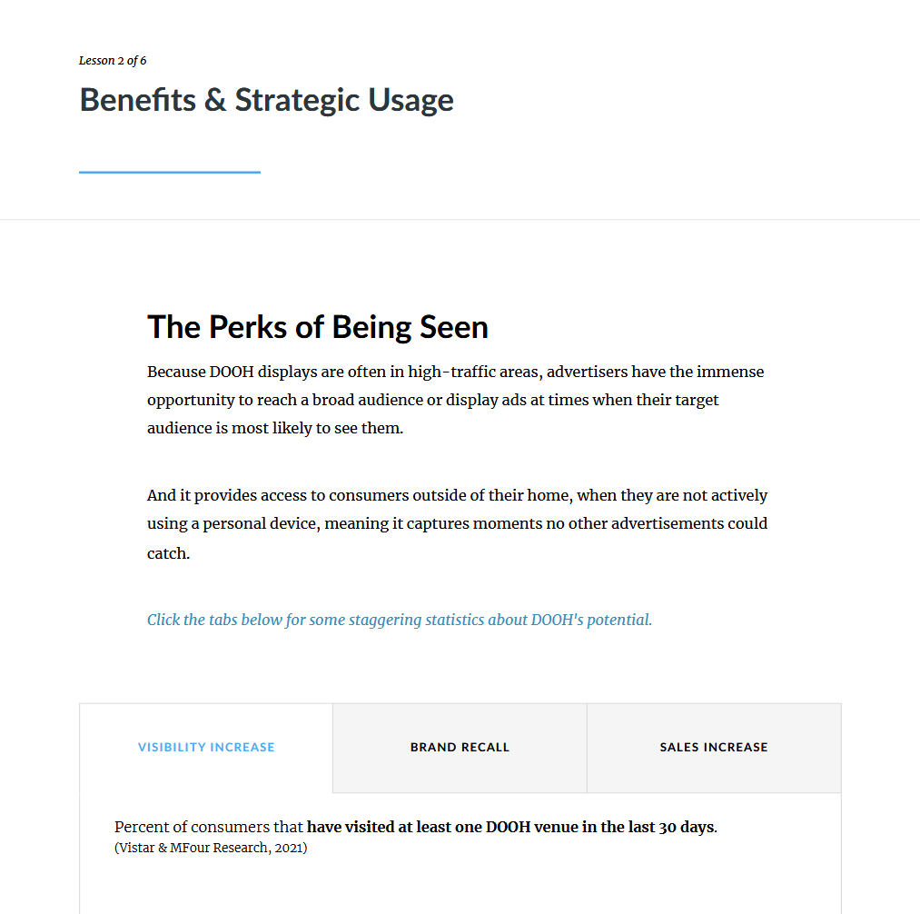 Screenshot of a page from a presentation or report titled 'Benefits & Strategic Usage,' discussing the perks of being seen, including increased visibility, brand recall, and sales, with a table displaying statistics about consumer visits to DOOH venues in the last 30 days.