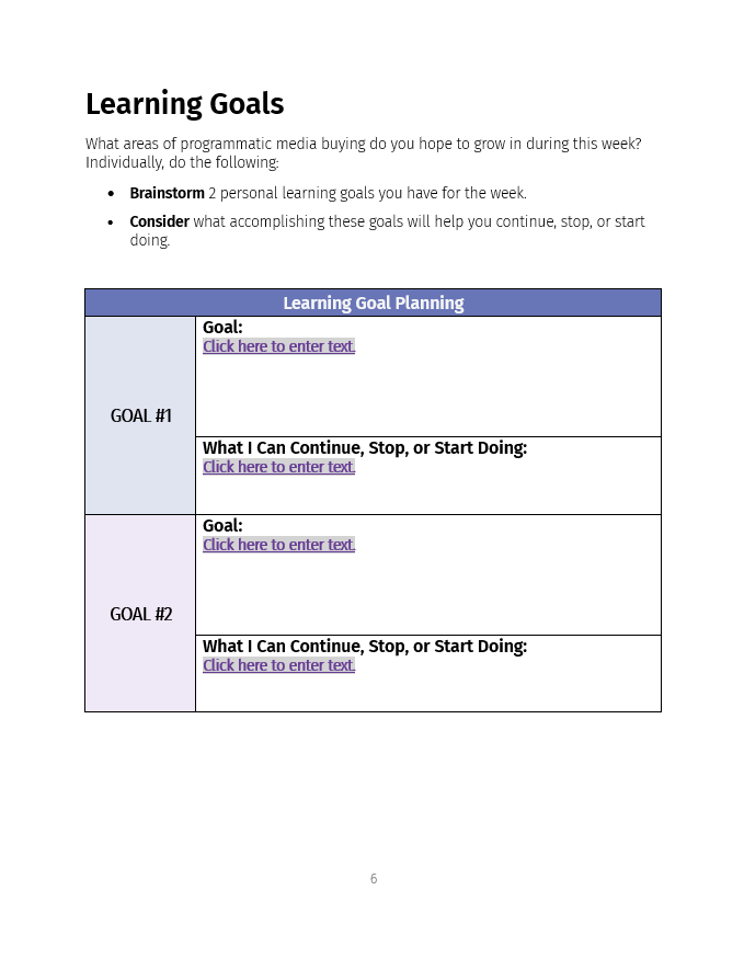 A worksheet titled 'Learning Goals' with sections for personal goal setting and planning, including spaces to enter goals and actions for two different goals.