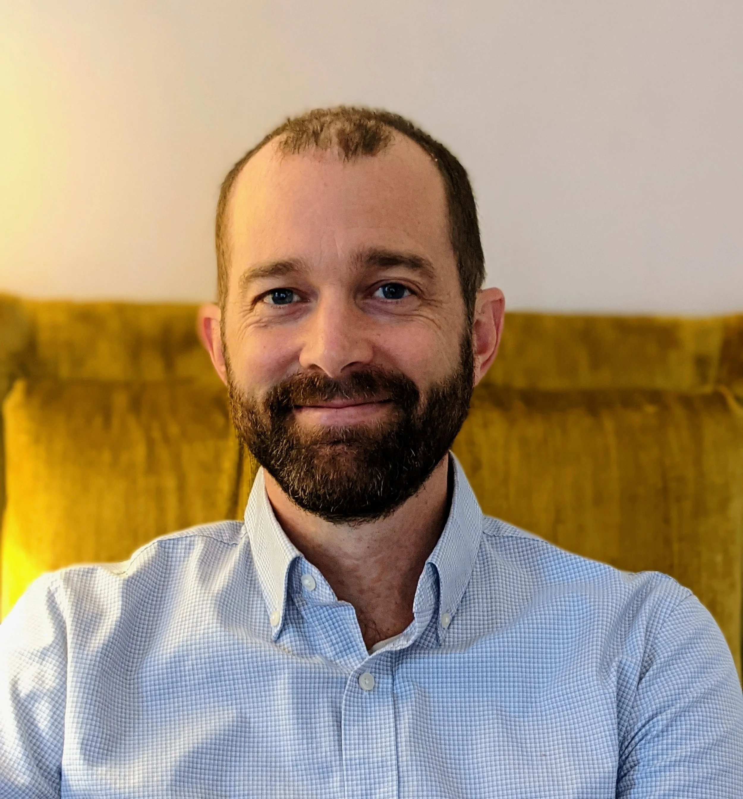 Caucasian bearded man smiling in a collared shirt