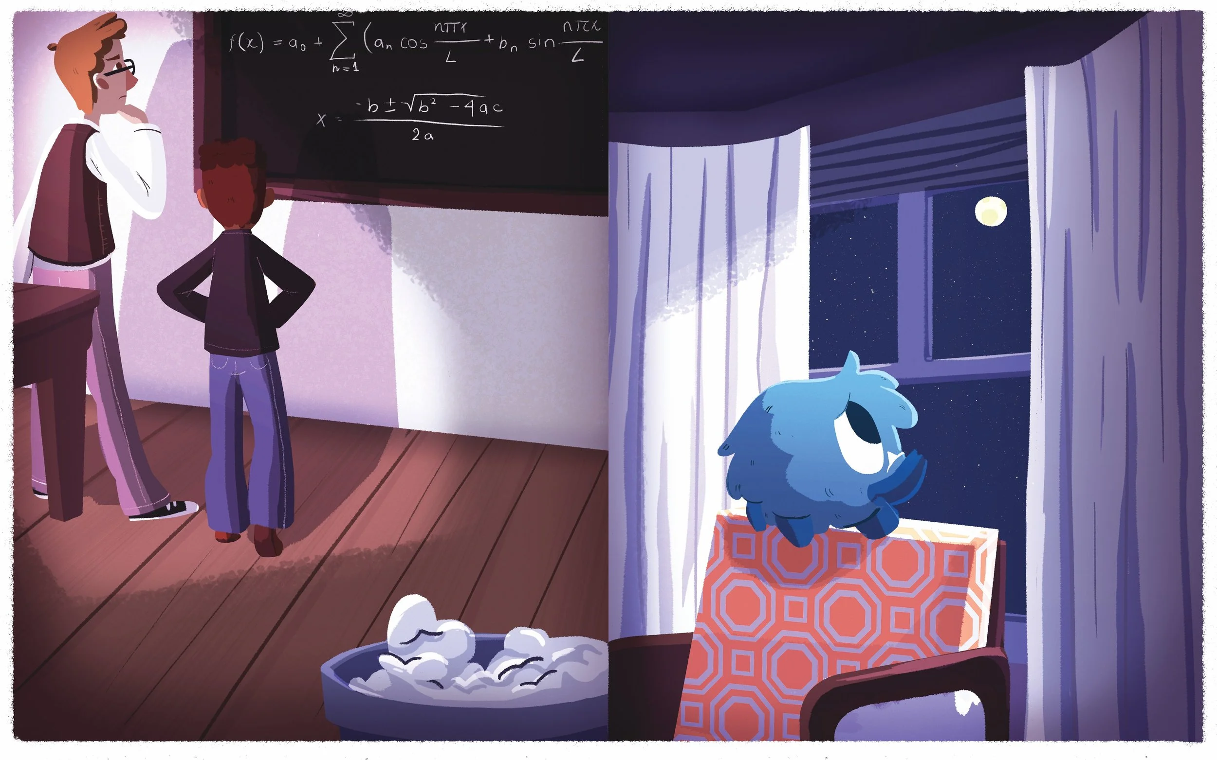 An illustrated scene showing a child and a teacher in a classroom with a chalkboard and math equations on the left, and a blue fluffy creature sitting on a patterned chair gazing out the window at the night sky with stars and the moon on the right.