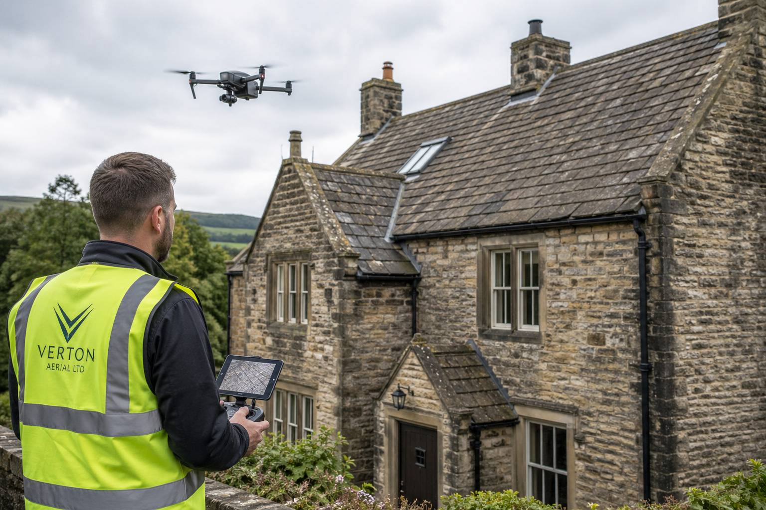 A man in a neon yellow safety vest with 'VERTON AERIAL LTD' printed on the back, operating a drone controller outdoors near a stone house with multiple chimneys and windows, under a cloudy sky.