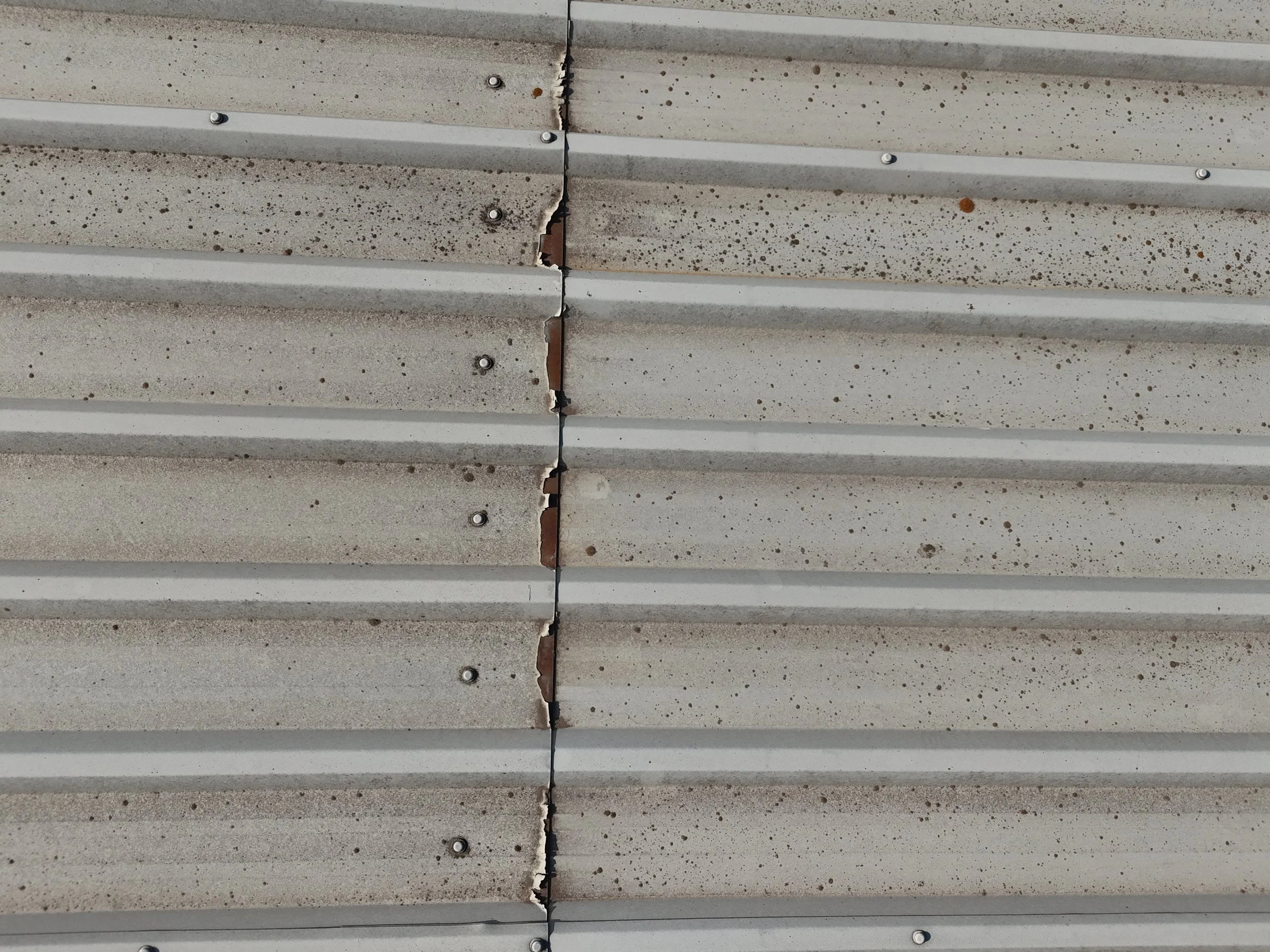 Close-up of a section of beige architectural siding with a crack and visible screws.