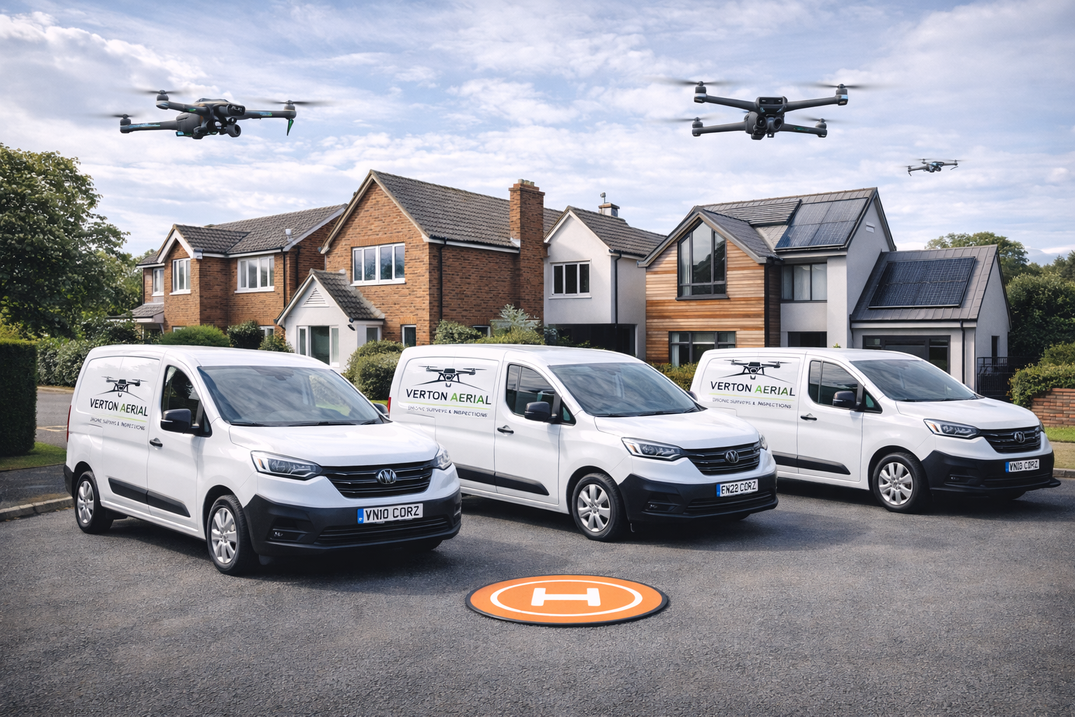 Three white vans with 'Verton Aerial' logos parked in front of modern houses, with two surveillance drones flying overhead and an orange helicopter landing pad on the ground.
