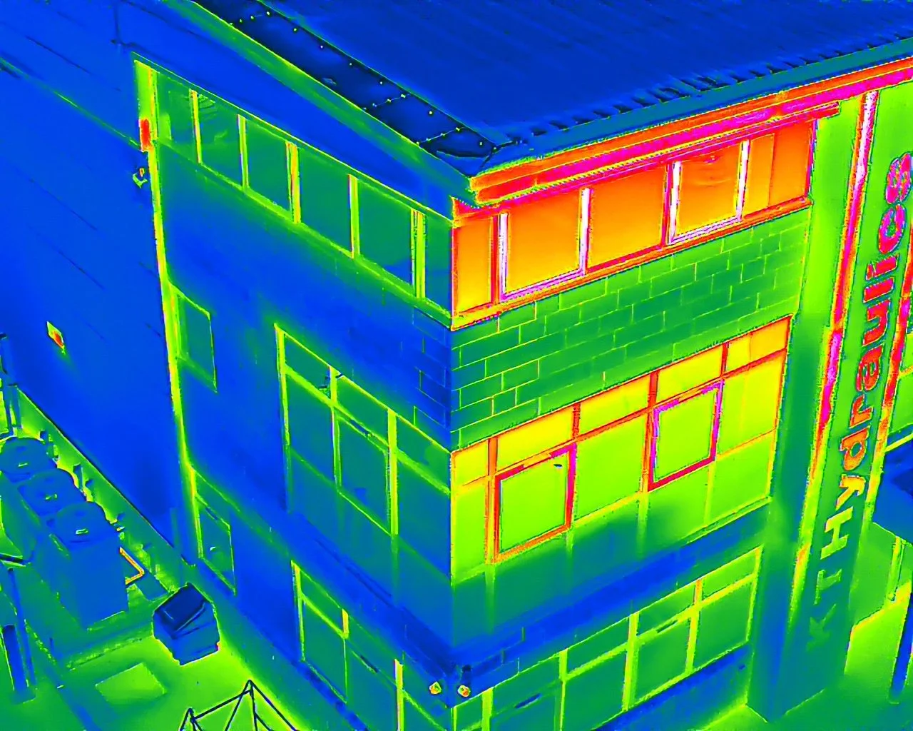 Infrared thermal image of a multi-story building with large windows, part of a mall, displaying heat signatures.
