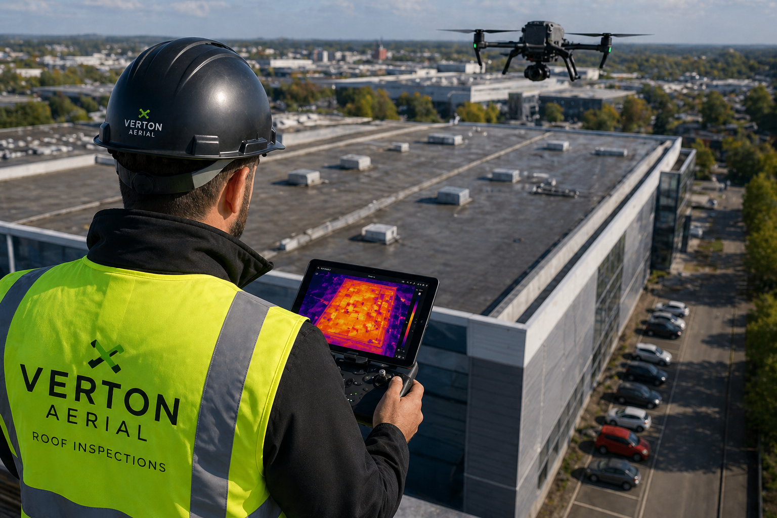 A roof inspector operating a drone and thermal imaging camera above a commercial building during daytime.